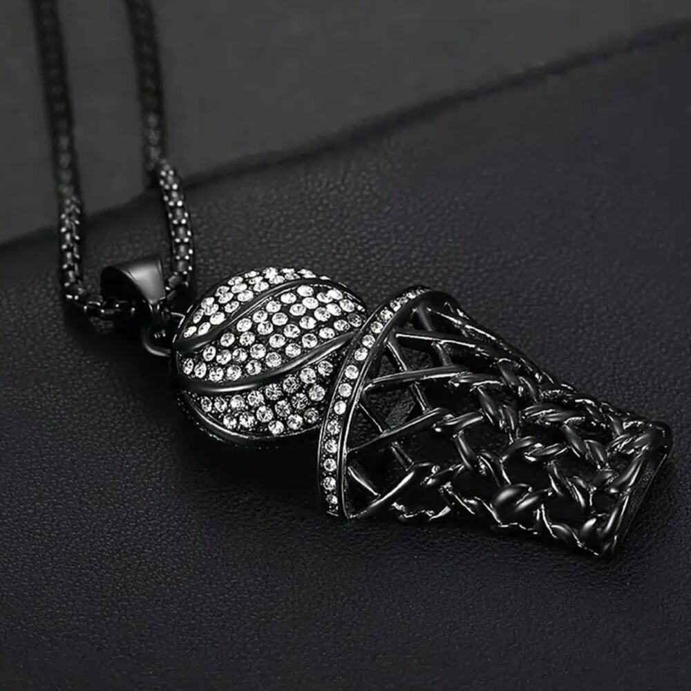 Basketball Necklace Black with Rhinestones 24” Chain - Picture 5 of 5